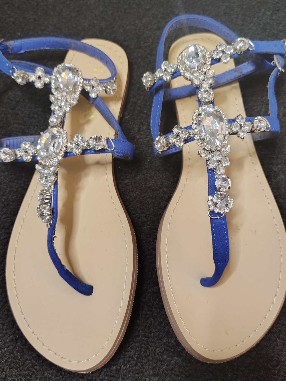 Shoe Dazzle Blue Suede Rhinestone Strap Flat Sandals Women's Size 8.5